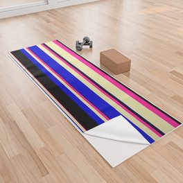[ Thumbnail: Deep Pink, Pale Goldenrod, Blue, and Black Colored Striped/Lined Pattern Yoga Towel ]