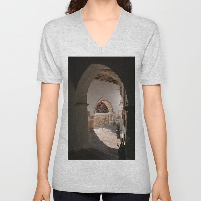 Sunny Peek Through in Greek Village | Stone Alley with Flowers | Ancient Town on the Cycladic Islands in Mediterranean Area | Travel Photography V Neck T Shirt
