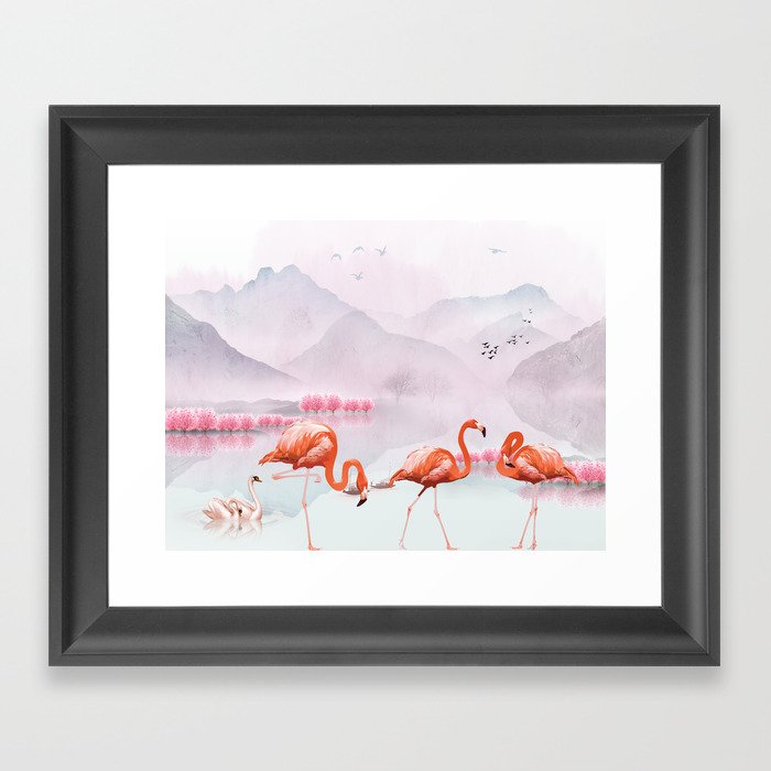 Flocks of flamingo with a pair of swans in the pink trees and mountains landscape Framed Art Print