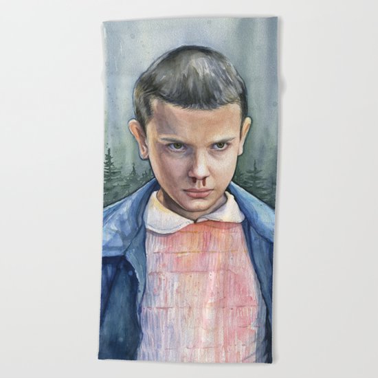 Stranger Things Eleven Watercolor Portrait Art Beach Towel