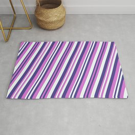 [ Thumbnail: Dark Slate Blue, Orchid, and Mint Cream Colored Pattern of Stripes Rug ]