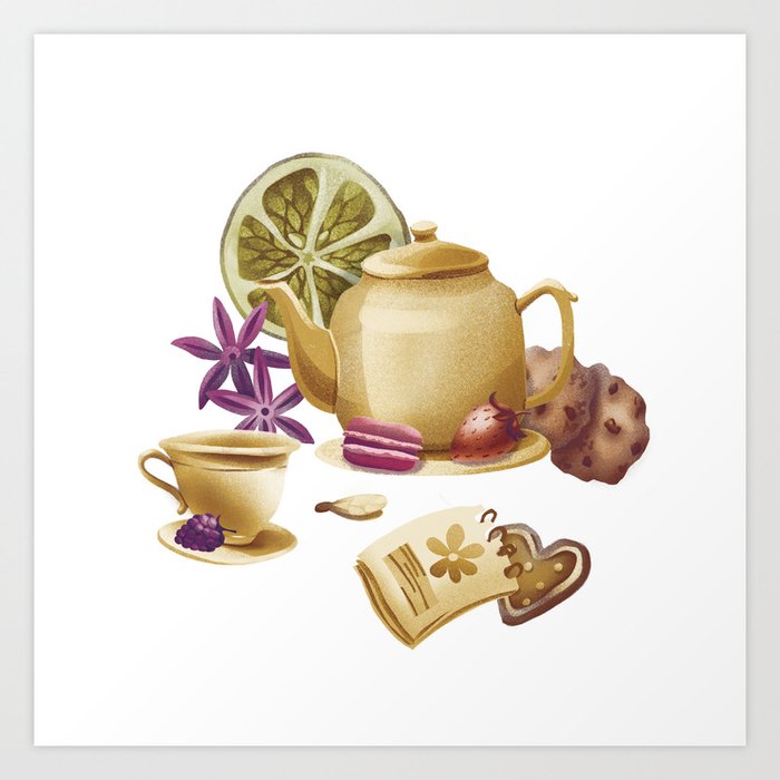 Cozy illustration with teapot cup and cookies. Art Print