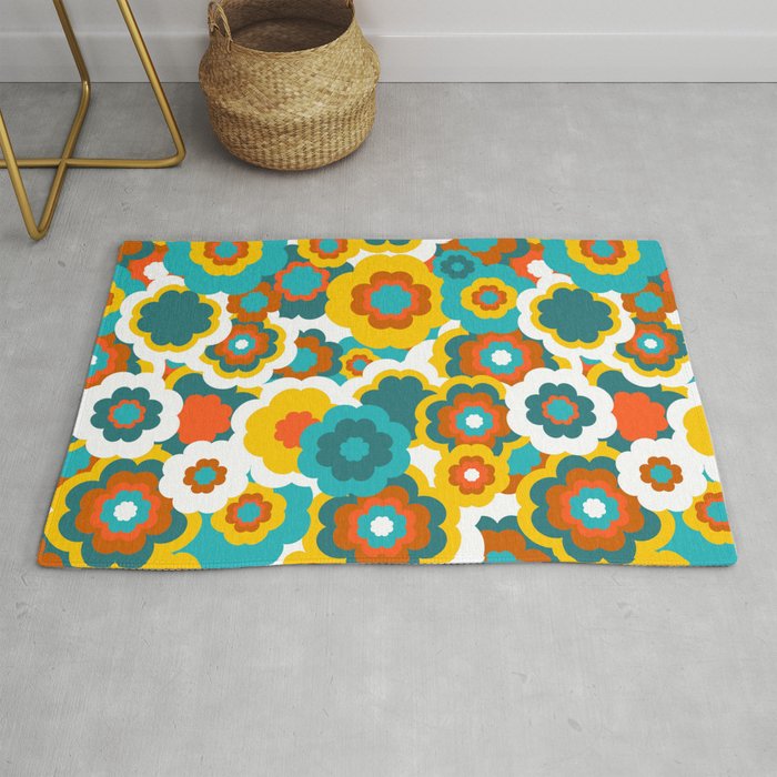 Retro 70s Bold Large-Scale Flowers with Teal, Orange and Yellow Rug