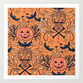 Pumpkin Happiness Art Print | Graphicdesign, Bats, Skulls, Leaves, Halloween, Scifi, Pattern, Spiders, Orange, Web 