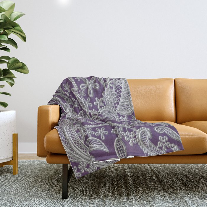 Passion Purple and Silver Paisley Pattern  Throw Blanket