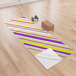 [ Thumbnail: Tan, Yellow, Dark Violet & Light Cyan Colored Striped Pattern Yoga Towel ]