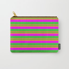 [ Thumbnail: Lime Green, Orange, and Fuchsia Colored Lined Pattern Carry-All Pouch ]