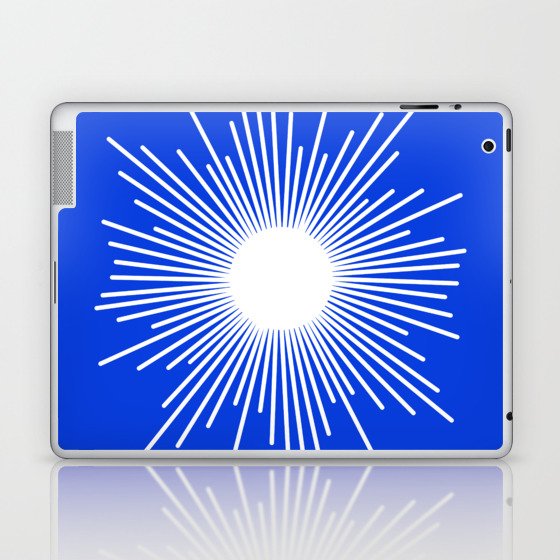 Mid Century Modern Minimalist Sunburst Retro Sun Royal Blue and White Laptop & iPad Skin