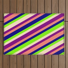 [ Thumbnail: Colorful Bisque, Purple, Salmon, Blue & Green Colored Lined/Striped Pattern Outdoor Rug ]