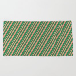 [ Thumbnail: Dark Salmon & Sea Green Colored Pattern of Stripes Beach Towel ]