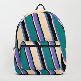 [ Thumbnail: Bisque, Black, Dark Cyan, and Purple Colored Striped Pattern Backpack ]