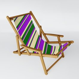 [ Thumbnail: Pale Goldenrod, Dark Green & Dark Violet Colored Lined Pattern Sling Chair ]