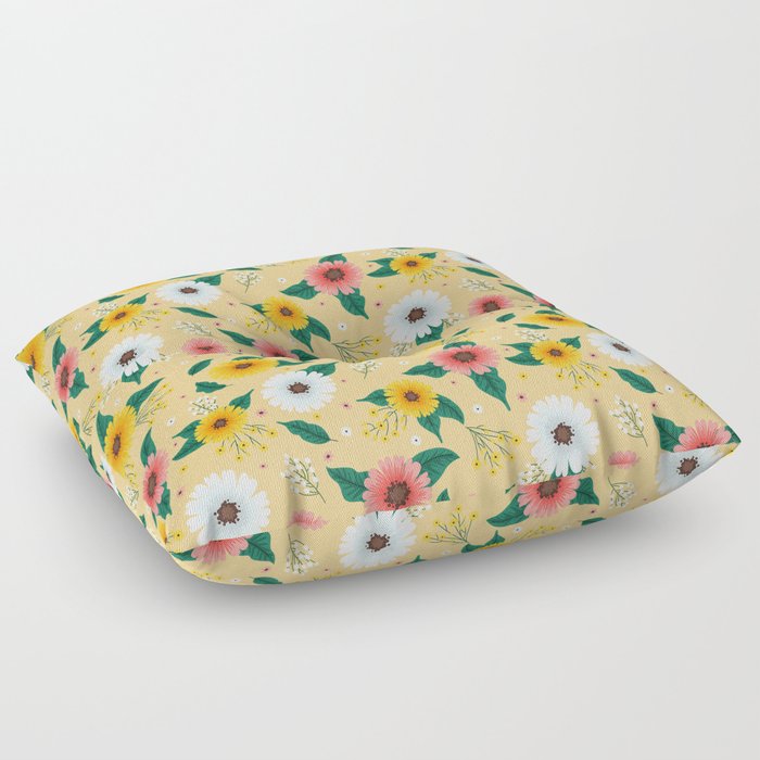 Colorful Spring Flowers Pattern in Beige Background Floor Pillow