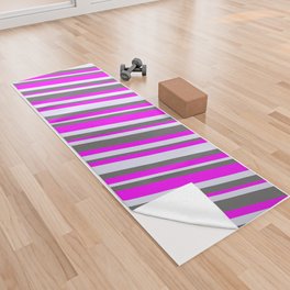[ Thumbnail: Dim Gray, Fuchsia, and Lavender Colored Striped/Lined Pattern Yoga Towel ]