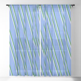 [ Thumbnail: Cornflower Blue, Green & Lavender Colored Lined Pattern Sheer Curtain ]