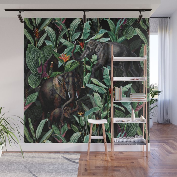 Vintage & Shabby Chic - Tropical Jungle and Elephants Night Wall Mural