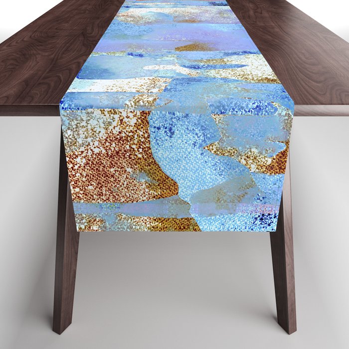African Dye - Colorful Ink Paint Abstract Ethnic Tribal Organic Shape Art Mud Cloth Baby Blue Table Runner