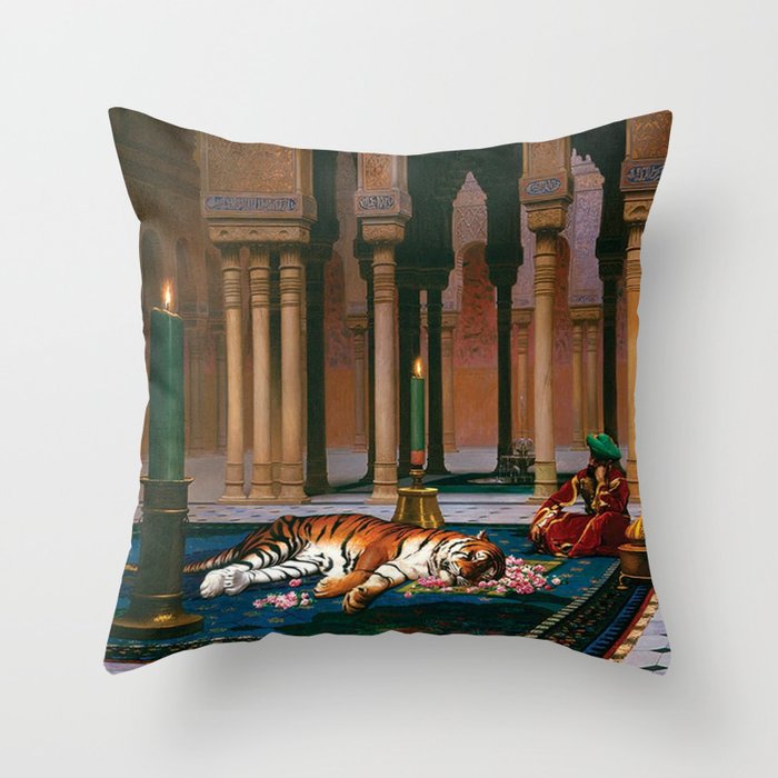 Pasha and the Bengal Tiger on bed of roses portrait painting by Jean-Léon Gerôme, Throw Pillow