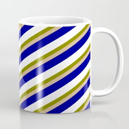 [ Thumbnail: Green, Tan, Dark Blue, and White Colored Stripes/Lines Pattern Coffee Mug ]