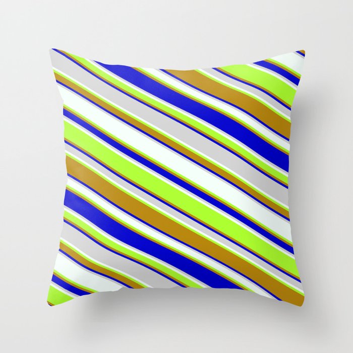 Colorful Light Gray, Mint Cream, Light Green, Dark Goldenrod, and Blue Colored Striped/Lined Pattern Throw Pillow