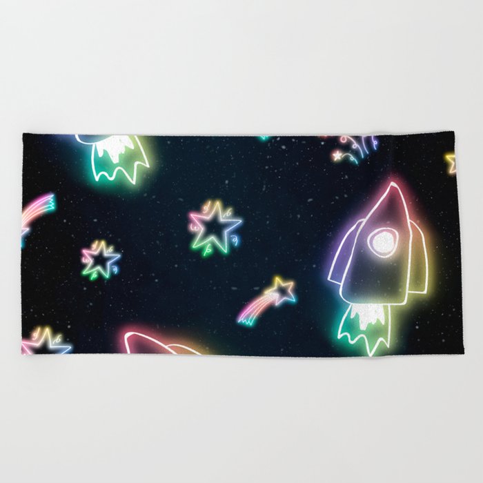 Neon Star and Spacecraft Doodle 2 Beach Towel