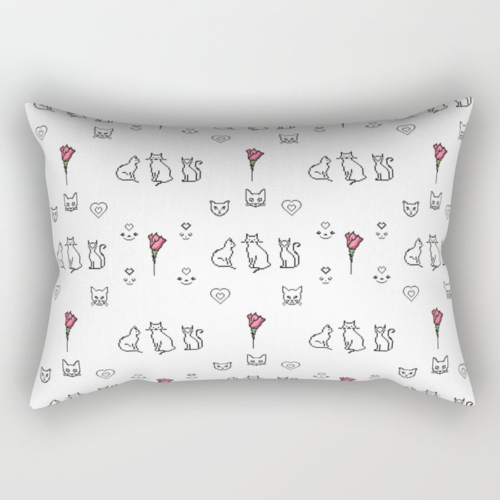 A repeating pattern of cute pixelated witch black cats, smiles, hearts, red roses Rectangular Pillow