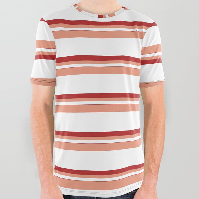Dark Salmon, White, and Red Colored Pattern of Stripes All Over Graphic Tee