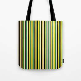 [ Thumbnail: Sea Green, Beige, Black & Yellow Colored Pattern of Stripes Tote Bag ]