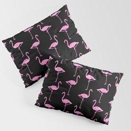 Pink Glitter Flamingo Pattern  |  Black Background Pillow Sham