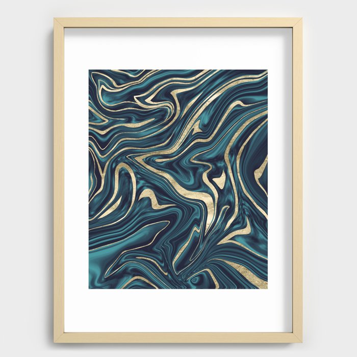 Abstract Acrylic Marble Paint Pattern Texture #1 - Blue, Gold Art Print