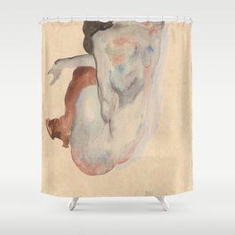 Crouching Nude in Shoes and Black Stockings, Back View - Egon Schiele Shower Curtain