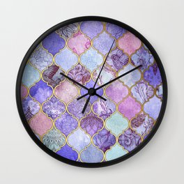 Royal Purple, Mauve & Indigo Decorative Moroccan Tile Pattern Wall Clock | Eastern, Pattern, Tiles, Boho, Collage, Gilded, Bohemian, Gold, Textures, Lilac 