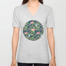 Bamboo, Birds and Blossom - dark teal V Neck T Shirt