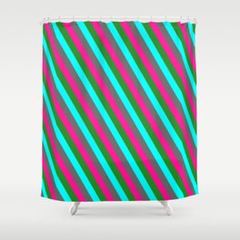 [ Thumbnail: Dim Gray, Deep Pink, Forest Green & Cyan Colored Stripes/Lines Pattern Shower Curtain ]
