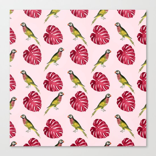 parrots and red leaves Canvas Print