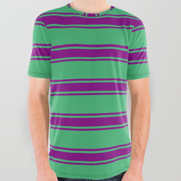 Sea Green and Purple Colored Stripes Pattern All Over Graphic Tee