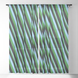 [ Thumbnail: Light Sky Blue, Forest Green & Black Colored Pattern of Stripes Sheer Curtain ]