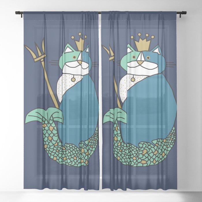 Blue Kevin the Cat Mermaid King Sheer Curtain