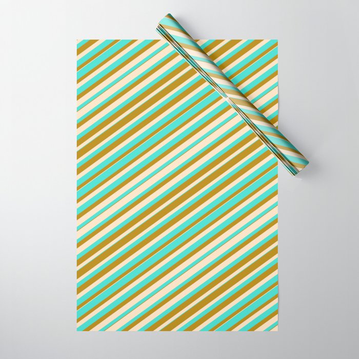 Bisque, Turquoise, and Dark Goldenrod Colored Lines Pattern Wrapping Paper