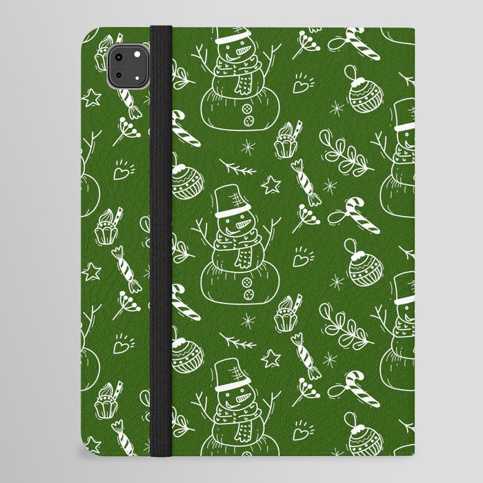 Green and White Christmas Snowman Doodle Pattern iPad Folio Case