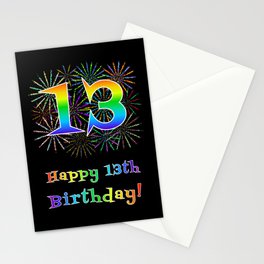 [ Thumbnail: 13th Birthday - Fun Rainbow Spectrum Gradient Pattern Text, Bursting Fireworks Inspired Background Stationery Cards ]