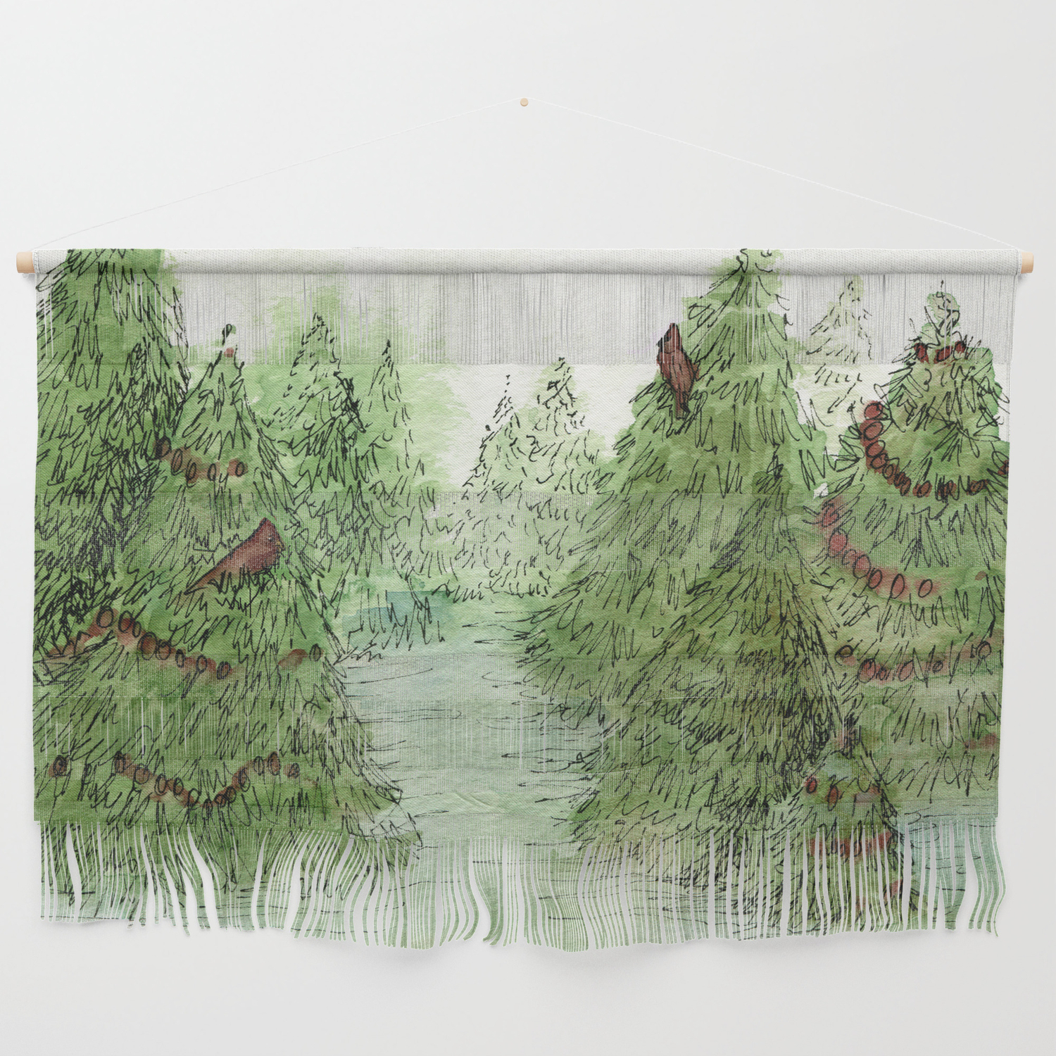 Pine Trees Christmas Forest Landscape Watercolor Wall Hanging By