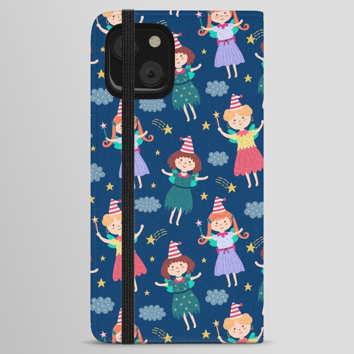 Navy Blue Pink Green Lavender Hand Painted Cute Fairies iPhone Wallet Case
