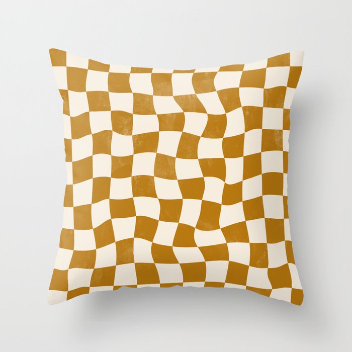Warped Checkerboard - Gold Orange Throw Pillow