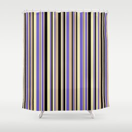 [ Thumbnail: Slate Blue, Pale Goldenrod, Black & Tan Colored Striped/Lined Pattern Shower Curtain ]