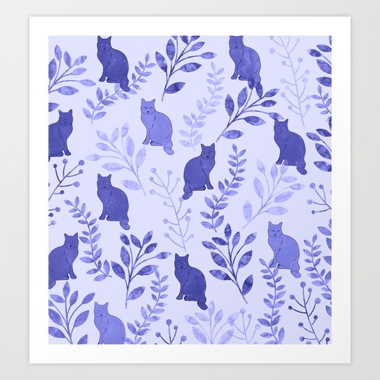 Watercolor Floral and Cat VII Art Print