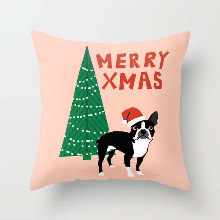 Boston Terrier Xmas - christmas tree holiday pet dog lover gift with boston terrier cute santa hat  Throw Pillow