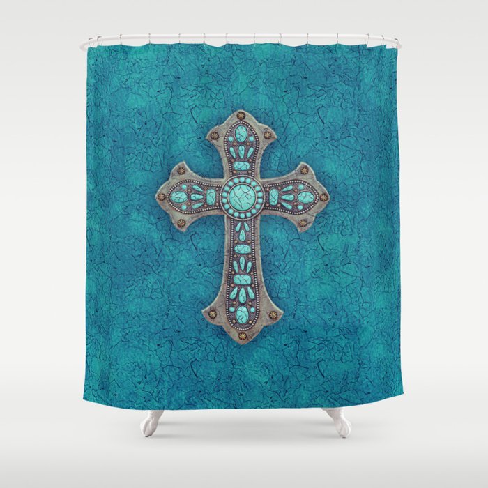 Turquoise Rustic Cross Shower Curtain