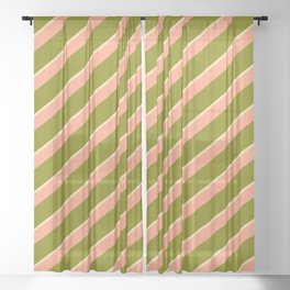 [ Thumbnail: Light Salmon, Green & Tan Colored Striped Pattern Sheer Curtain ]