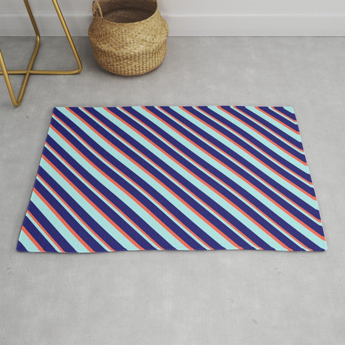 Turquoise, Midnight Blue, and Red Colored Lines Pattern Rug